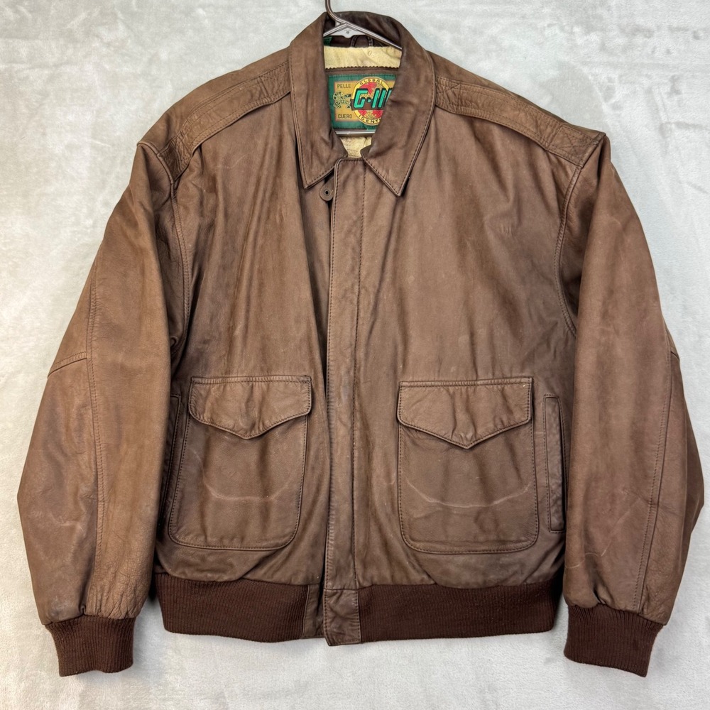 Vintage G-III Pelle Leather Bomber Jacket Mens XL Brown Aviator Flight Map Heavy